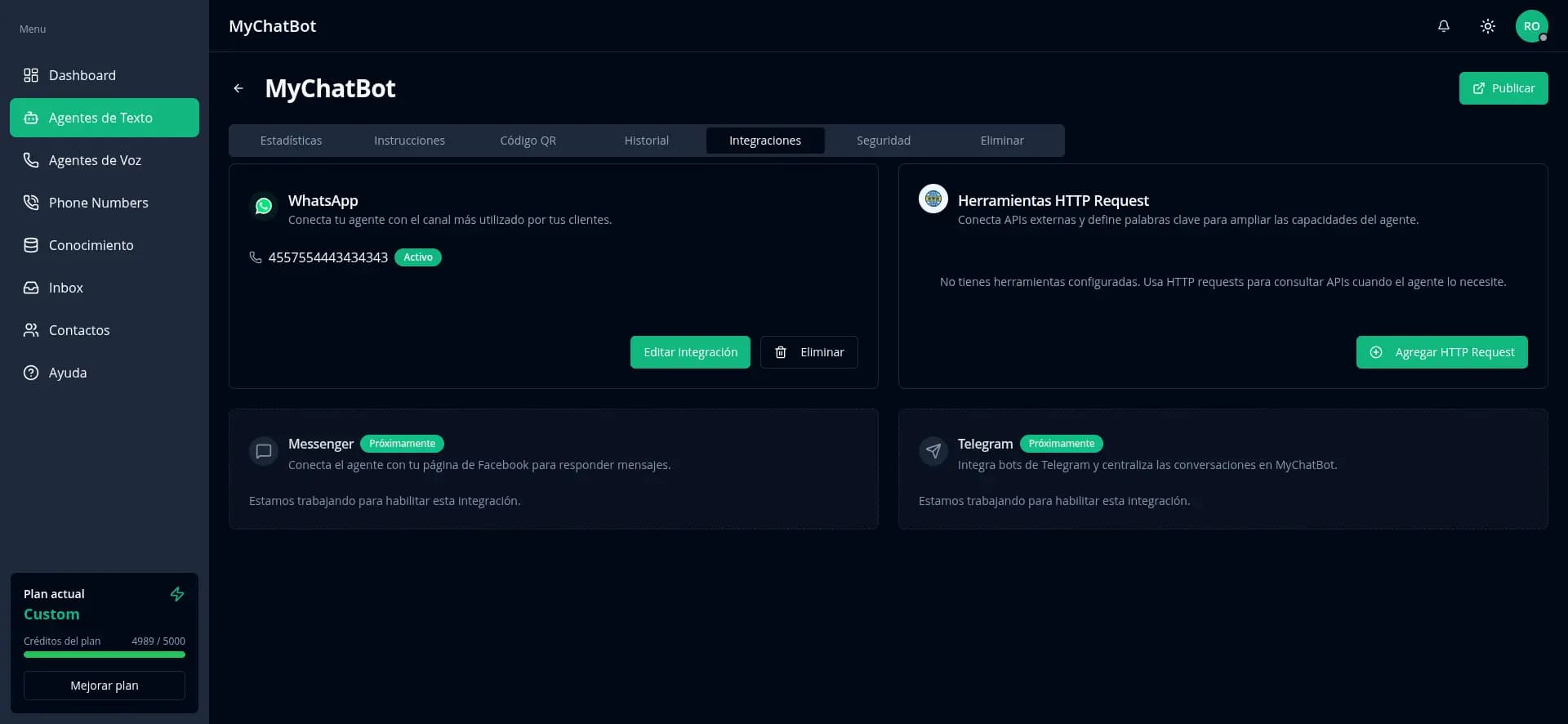 Panel de MychatBot con las integraciones activas: WhatsApp conectado y herramientas HTTP Request